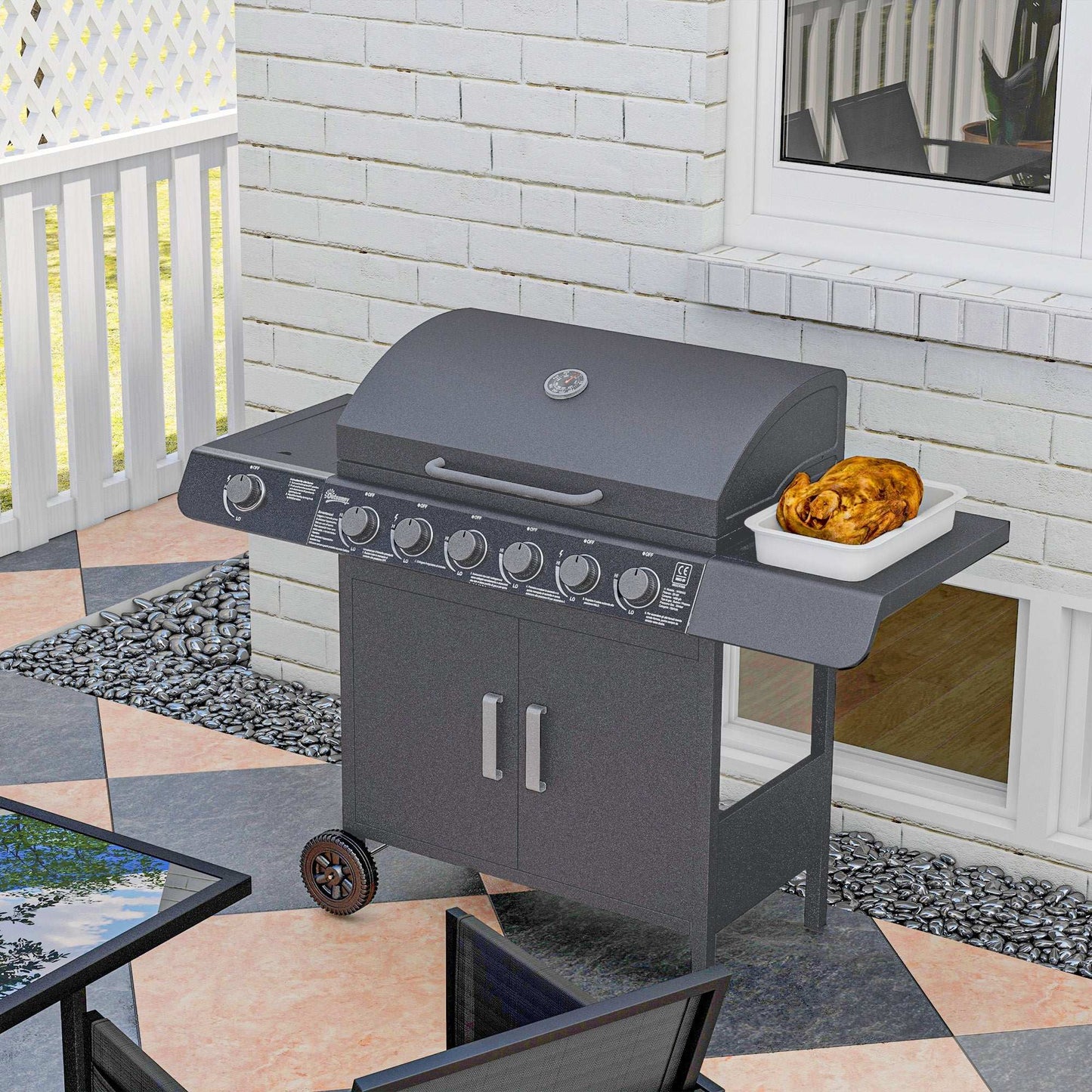 6+1 Burner Gas BBQ Grill, Outdoor Barbecue Trolley with Wheels, Warming Rack, Side Shelves, Cabinet, Thermometer for Garden, Party, Camping