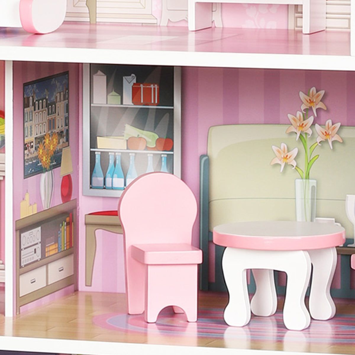 AIYAPLAY Pink 3-Storey Dolls House | 70cm MDF Dollhouse with LED Strip & Balcony | 8 Furniture Pieces | Open-Front Play | Ages 3–6
