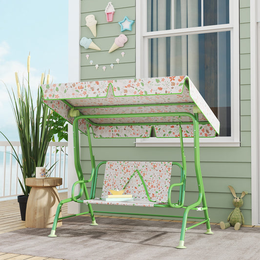 AIYAPLAY Kids Garden Swing Chair with Adjustable Canopy, Safety Belt, 2 Seater Hammock Swing Bench for Patio, Porch, Green / Pink