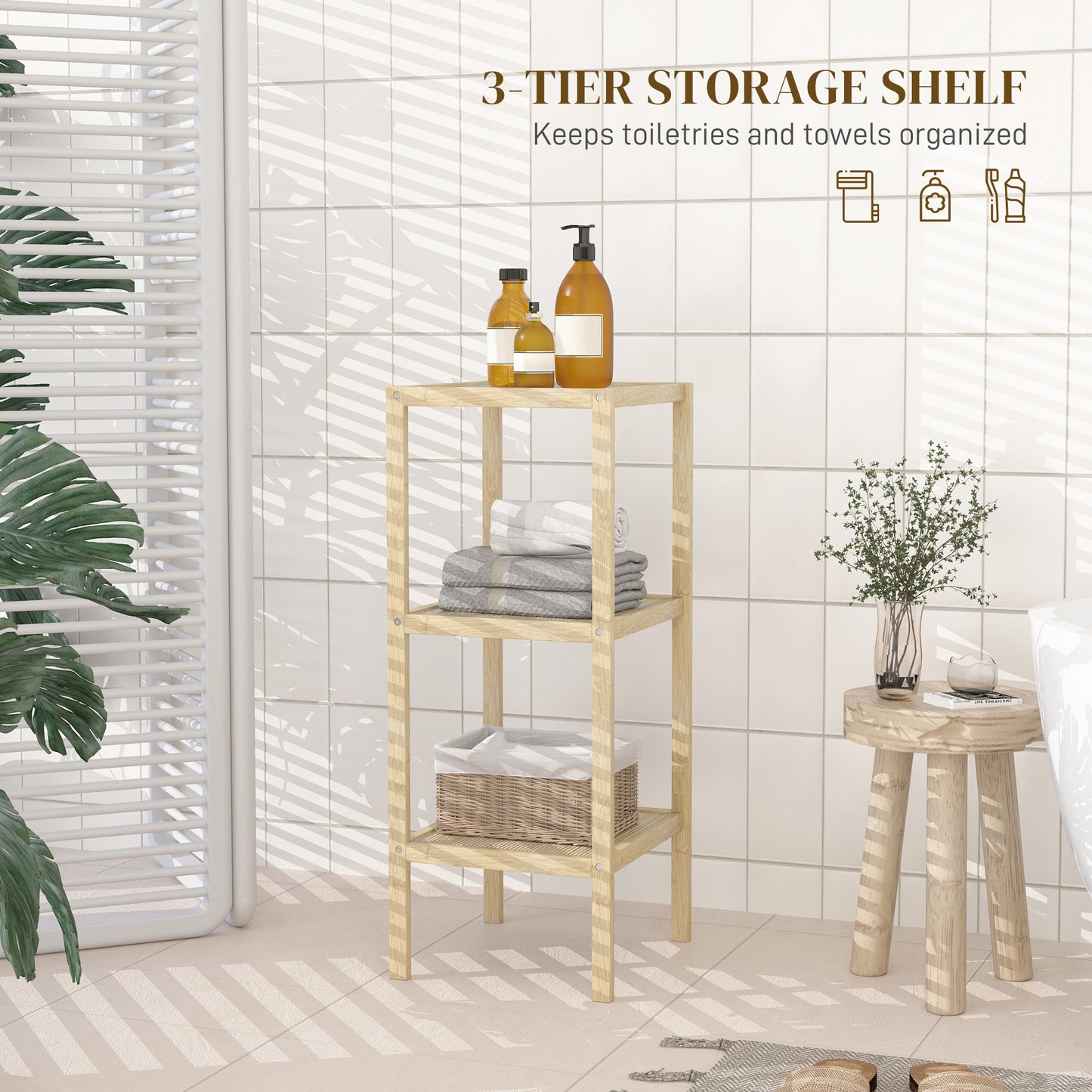 3-Tier Bamboo Bathroom Storage Shelves, Freestanding Storage Shelving Unit, Multifunctional Display Plants Stand Shelf Rack Organiser, Natural