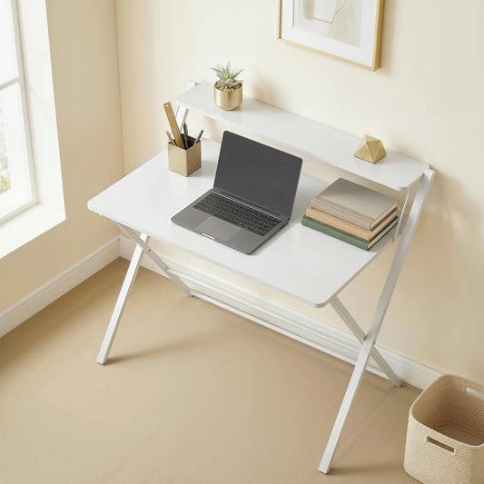 Folding Desk with Upper Shelf | X-Frame | Melamine Coated | 86x66x82cm | 20kg | Curved Corners | Easy Assembly | White