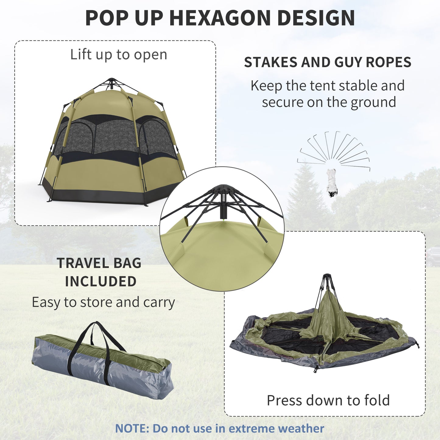 Outsunny Six Man Hexagon Camping Tent with Hang Hook and Carry Bag - Dark Green and Light Grey