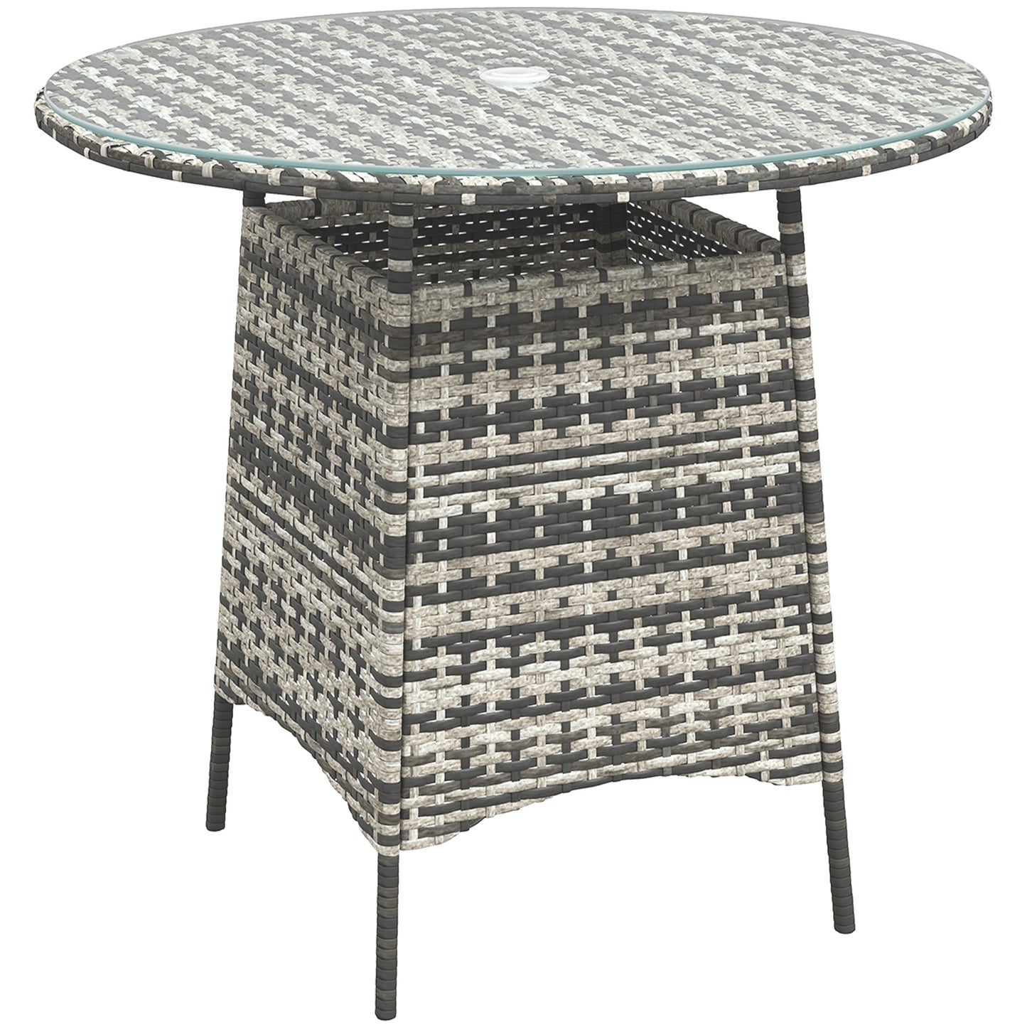 Outsunny Wicker Garden Rattan Table, Patio Furniture Outdoor Coffee Table with Umbrella Hole and Tempered Glass Top, Grey / Brown