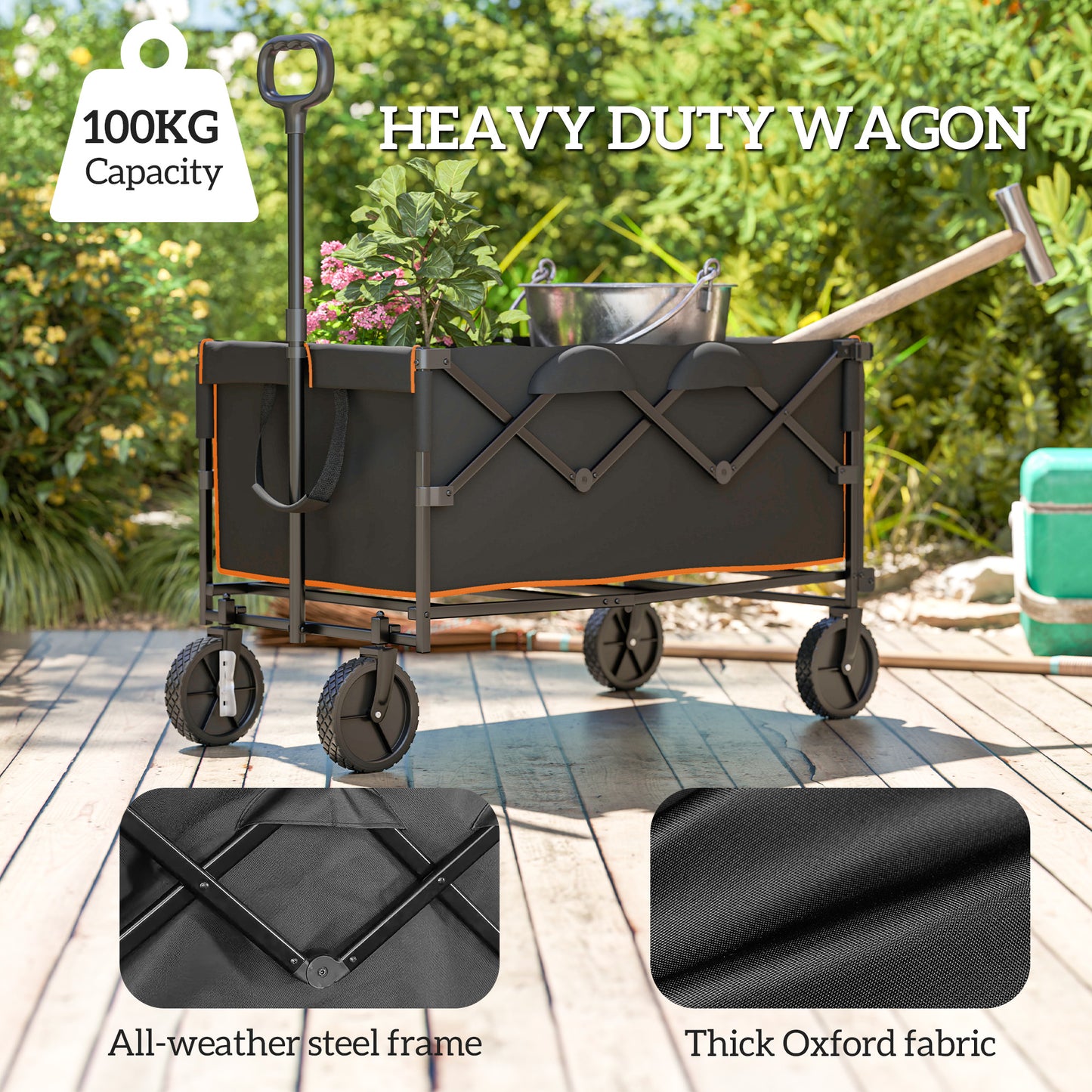 160L Festival Trolley on Wheels, Folding Camping Trolley Cart w/ Tailgate, 100kg Heavy Duty Garden Collapsible Folding Wagon w/Adjustable Handle, Carry Bag for Beach Picnic