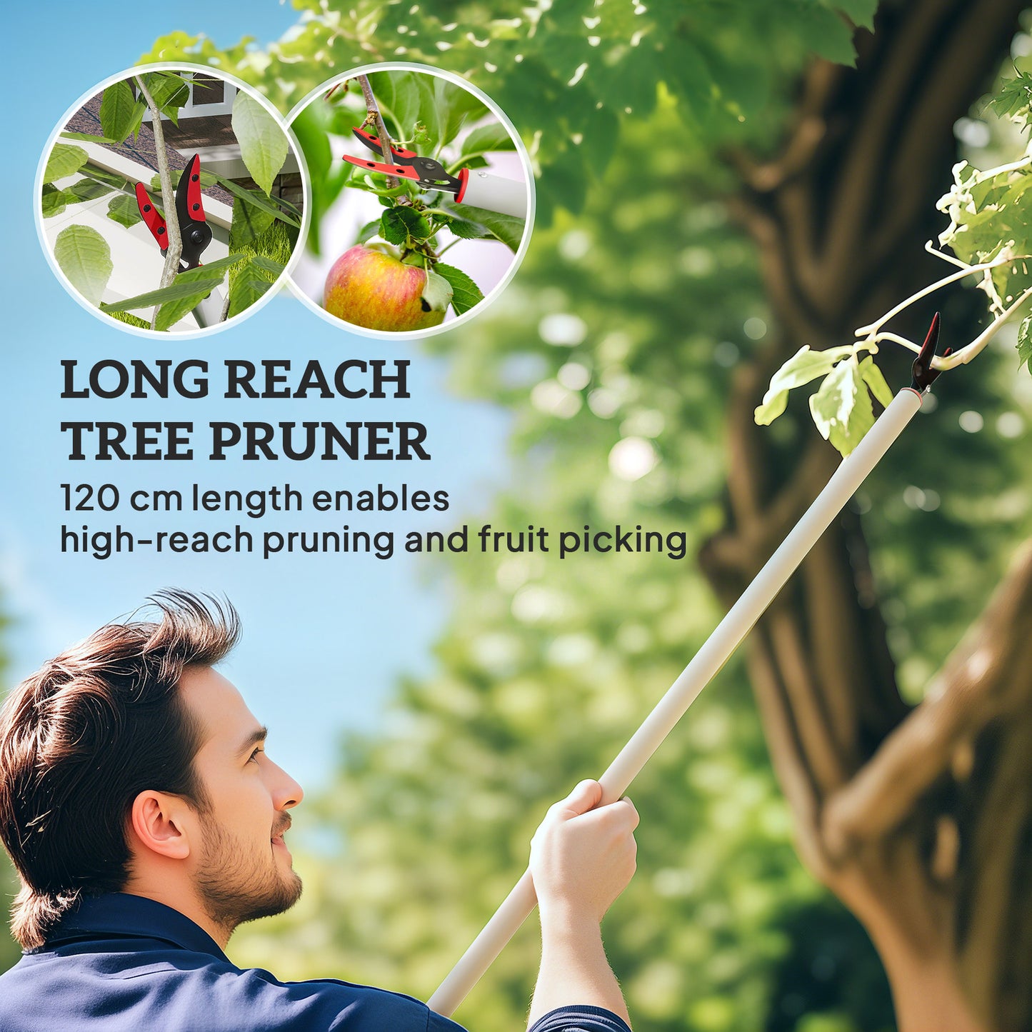 Outsunny 120 cm Tree Pruner, Tree Lopper Long Handled, Lightweight & Strong, Long Reach Tree Trimmer with Aluminium Pole for Fruit Picking and Pruning