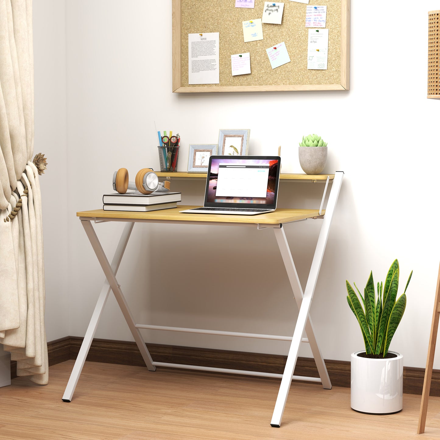Compact Folding Desk for Small Spaces, Foldable Computer Desk W/ Storage Shelf for Home Office, 2-Tier Study Writing Table, 86 x 66 x 82 cm,