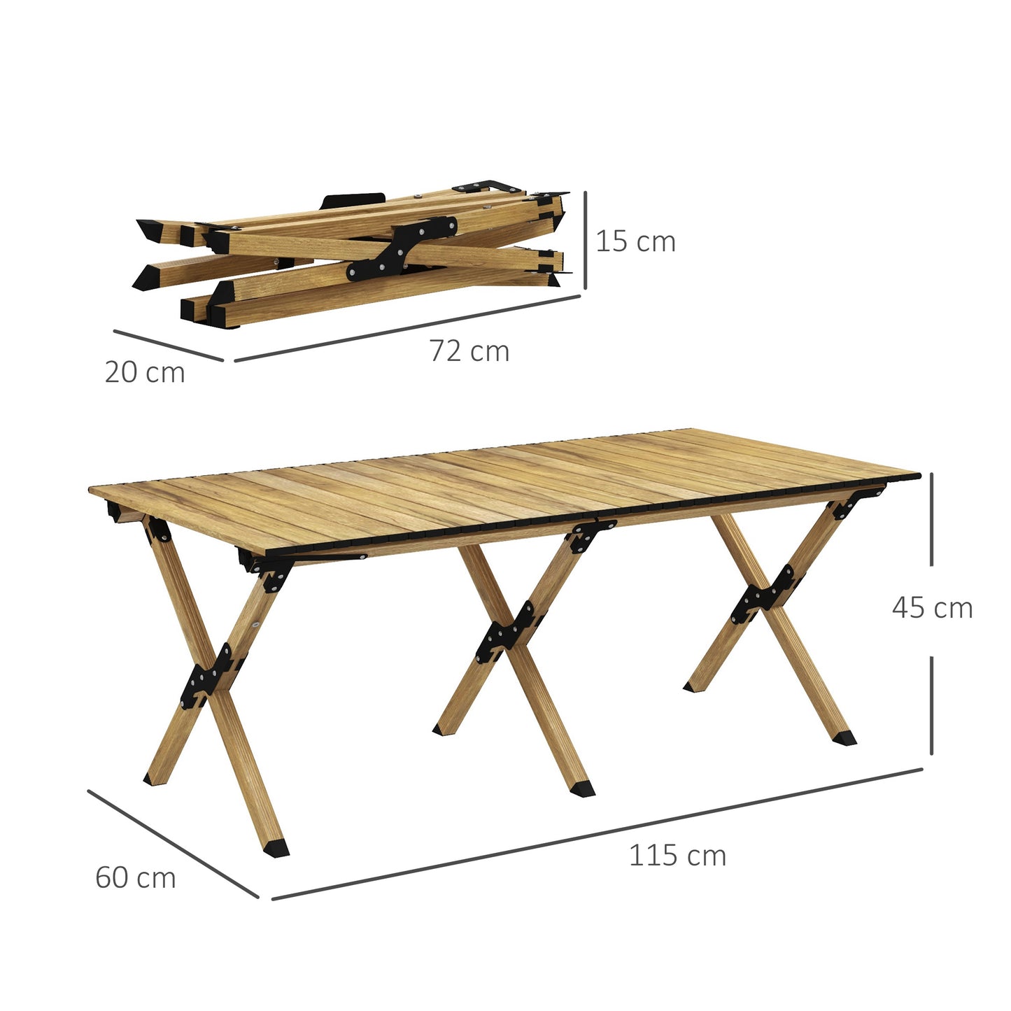 Outsunny Portable Camping Table, Aluminium Folding Table with Roll-Up Top, Picnic Table for Indoor, Outdoor, Party, BBQ, Beach, Natural Wood Effect