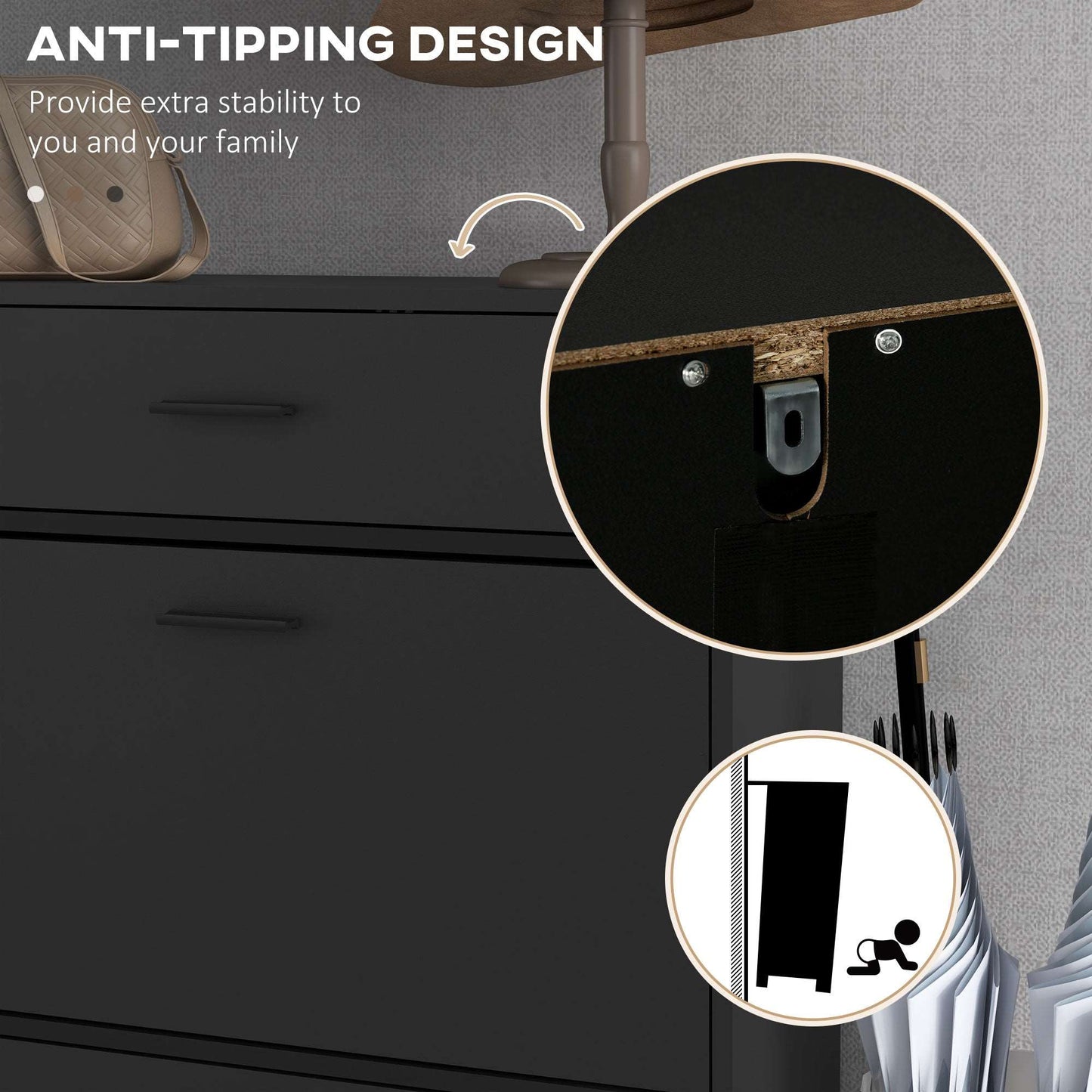 3 Drawer Shoe Cabinet Cupboard with 2 Flip Doors, Sliding out Drawer and Adjustable Shelf for 12 Pairs of Shoes, Narrow Shoe Storage Organiser for Hallway, Entryway, Black
