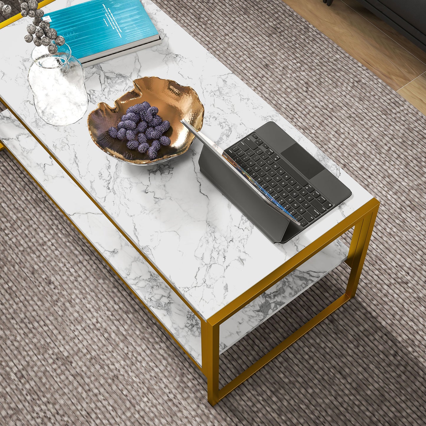 Two-Tier Coffee Table, Modern Marble Effect Center Table with Storage Shelf and Metal Frame, Tea Table for Living Room, White