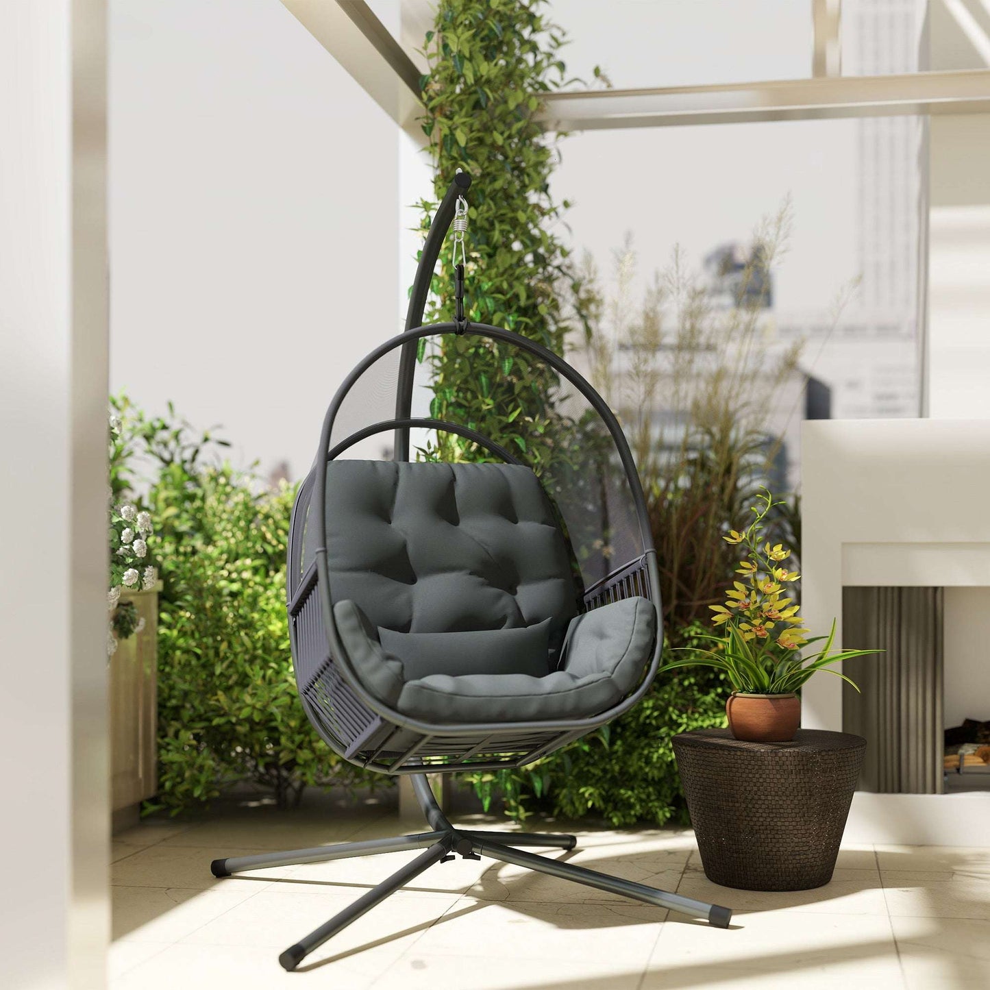 Hanging Egg Chair Outdoor Indoor, Swing Hammock Chair with Stand, Cushions, Lumbar Pillow, Adjustable Height and Steel Frame for Garden Patio