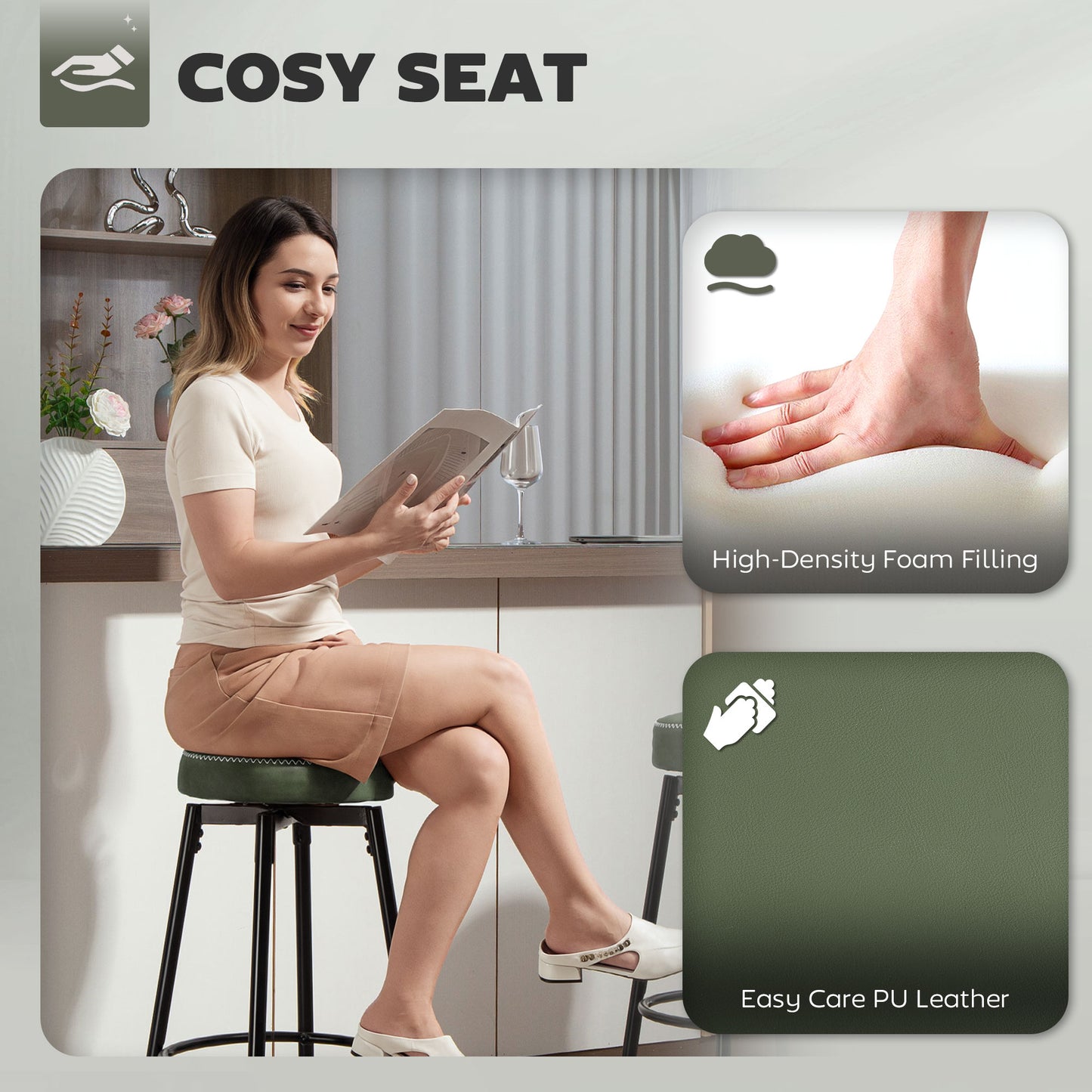 Set of Two Faux Leather Bar Stools - Green/Black - Grey/Black - Brown/Black