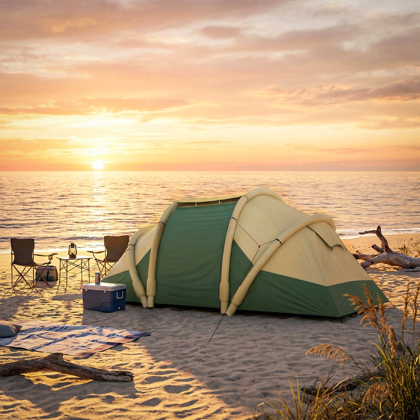 Inflatable Tent | 2 Bedrooms | 4 Person | 5-Min Setup | 3000mm Waterproof | Level 4 Wind | Awning | Carry Bag | Green