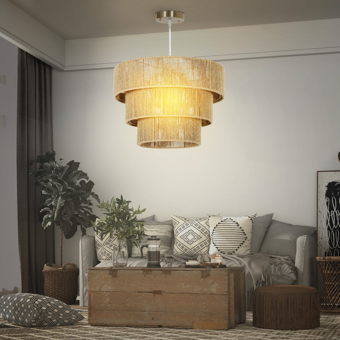 Hemp Rope Pendant Light, 3-Layer Boho Ceiling Light Shade, E14 Vintage Lampshade for Living Room, Bedroom, Kitchen, Hallway, Light Brown