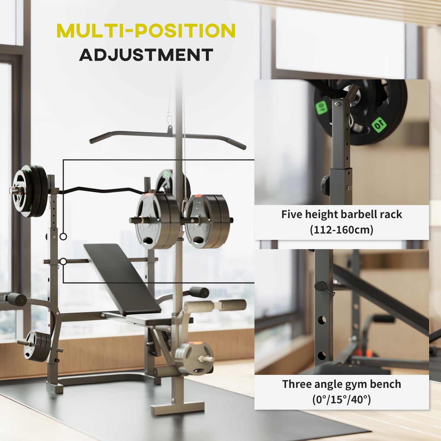 Adjustable Weight Bench with Bench Press Rack, Preacher Curl Leg Extension and Lat Pull Down Machine, Incline or Flat Workout for Strength Training Weight Lifting