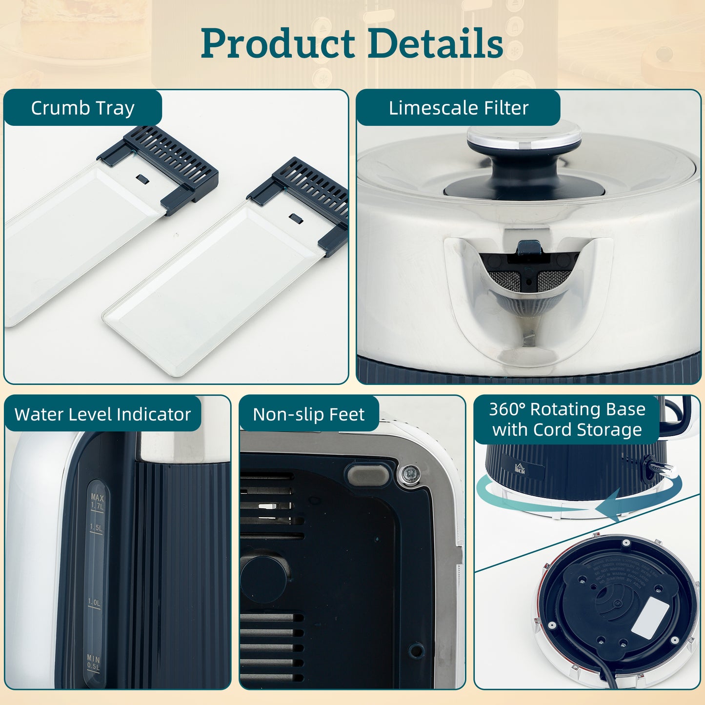 Electric Stainless Steel Kettle and Toaster Set, 3000W 1.7L UK Strix Thermostat Dark Blue