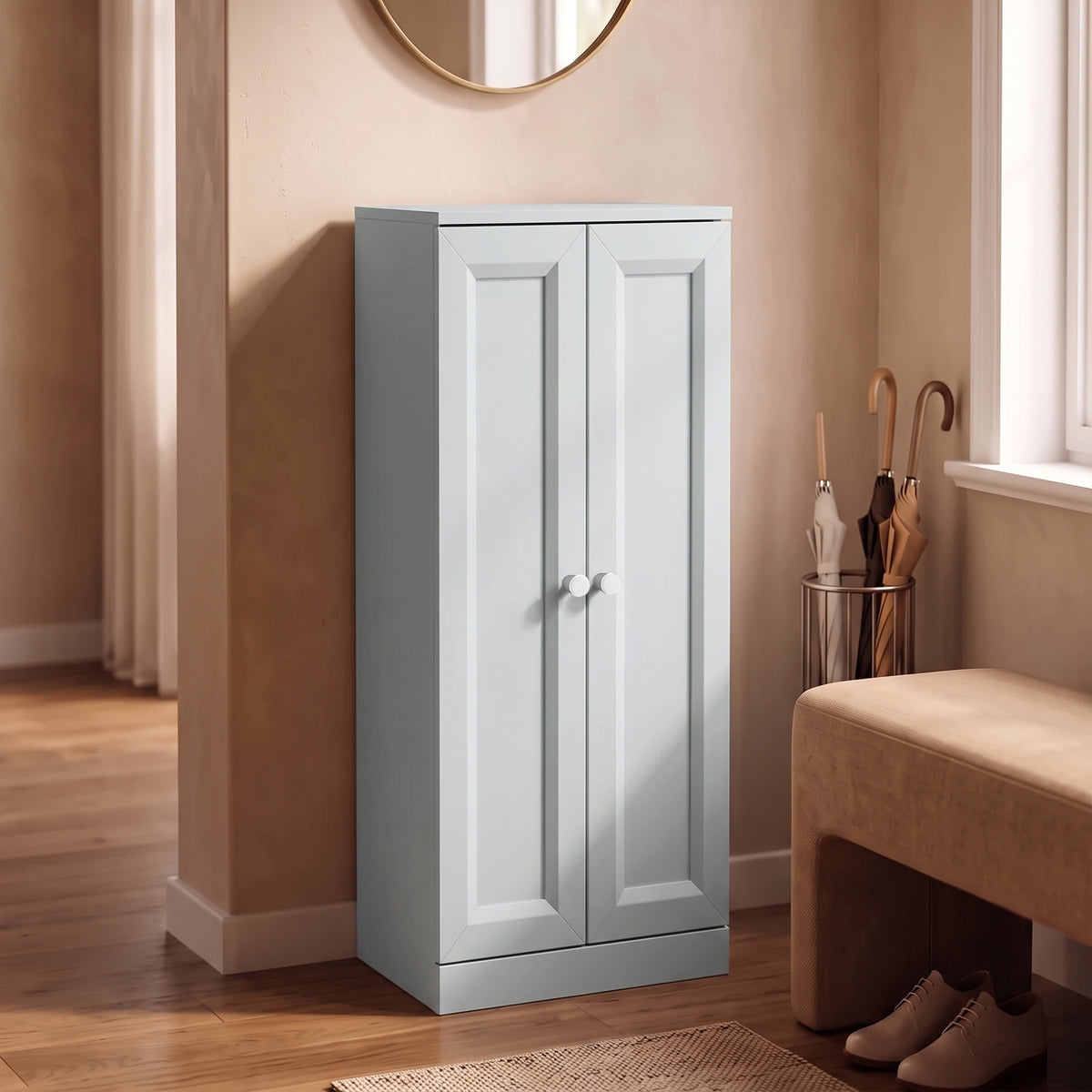Narrow Bathroom Cabinet | Light Blue | Particleboard MDF | 38x26x97cm | 2 Doors 4 Tiers | Soft-Close Hinges | Anti-Tip | 20kg | Nordic Style | Freestanding Slim Cupboard