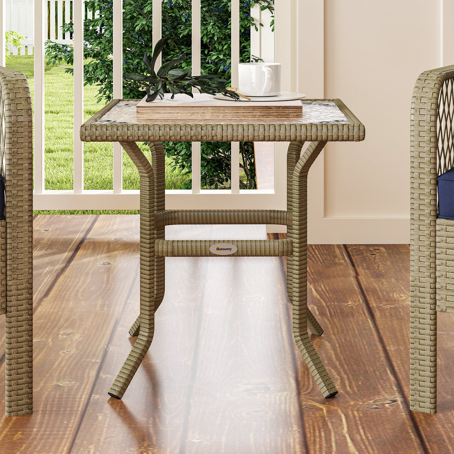 3 Pieces Rattan Bistro Set with Glass Top Coffee Table, Chairs and Cushions for Outdoor, Patio, Balcony, Charcoal Grey