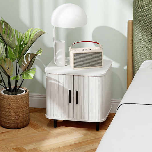 Nordic Bedside Table | Roller Shutter Sliding Doors | 2-Tier Storage | Steel Legs | Scratch-Resistant Melamine | 90kg Capacity | 48 x 40 x 48cm | White Wood Effect
