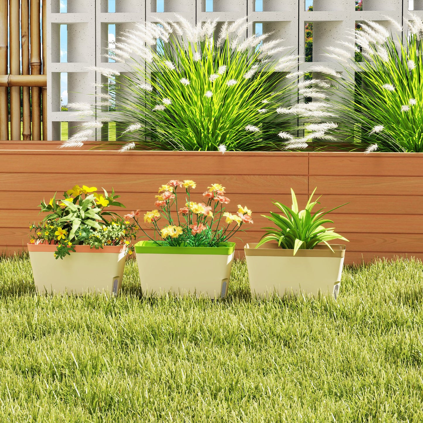 Set of 3 Self Watering Plant Pots Outdoor, Garden Planters with Visual Water Level Window, Plastic Flower Pots for Indoor Outdoor Garden Balcony Windowsill