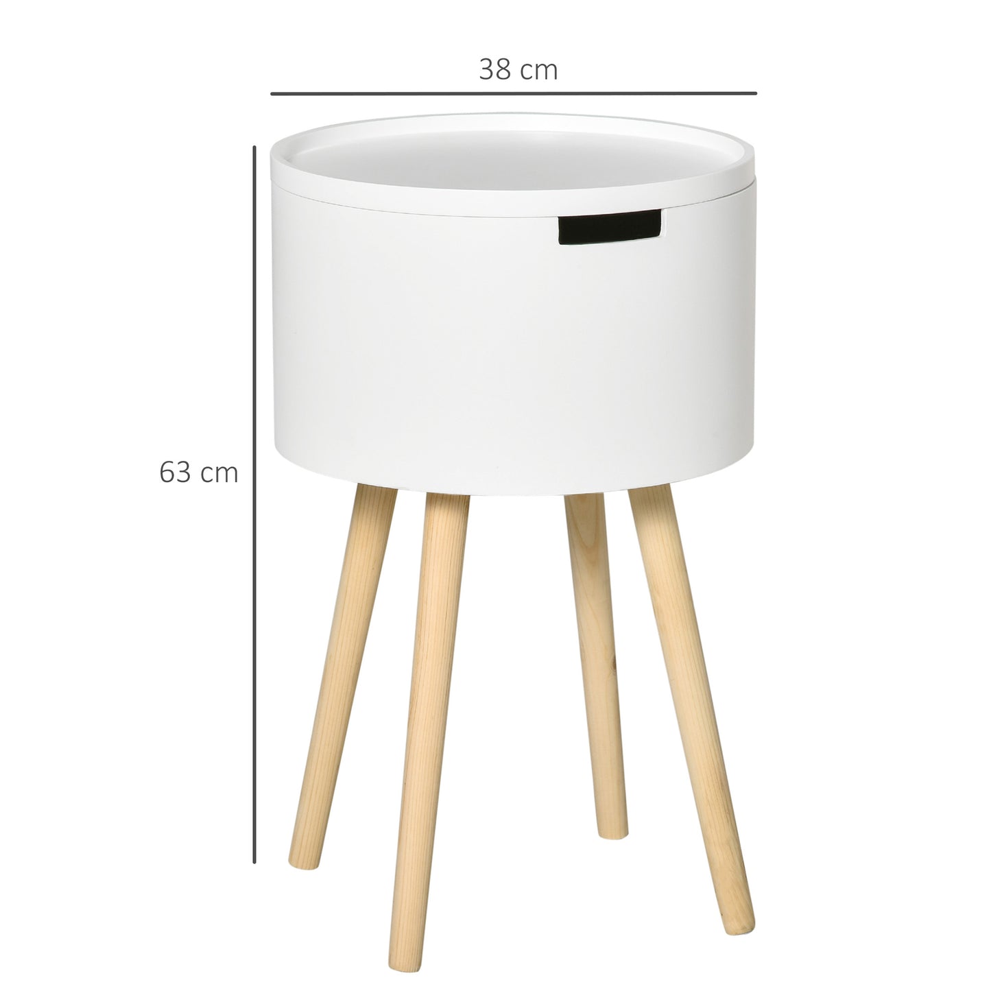 Modern Side Table With Hidden Storage Space, Round Night Stand / Removable Tray Wood Frame End Coffee Table, Set of 2 - White