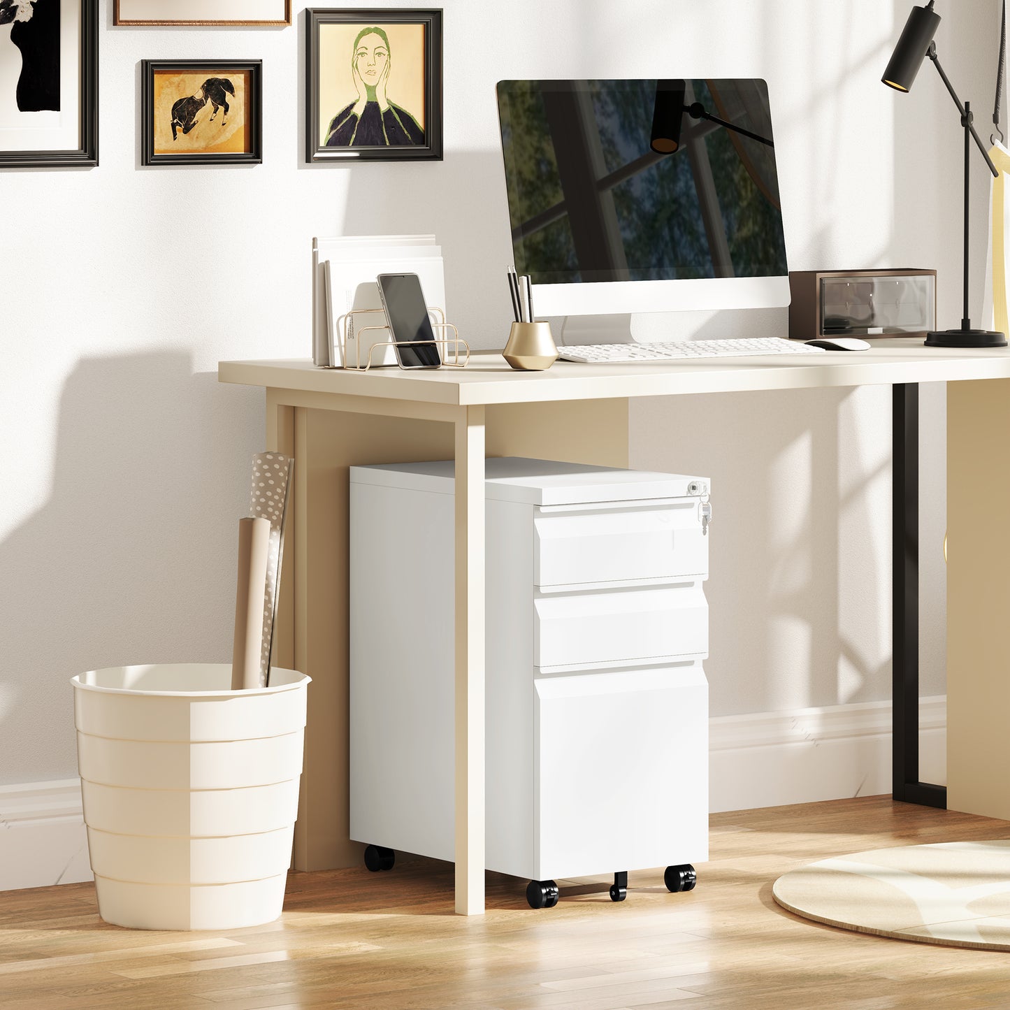 3 Drawer Slim Mobile Steel Filing Cabinet | Under Desk | 30x43.5x60cm | Lockable | A4 Legal Letter | Pencil Tray | 5 Casters Anti-Tip | Printer Stand | 30kg | White