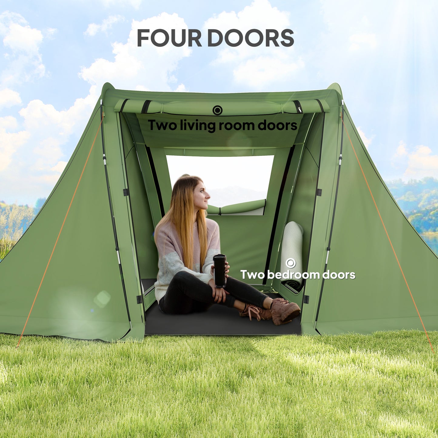 3 Man Camping Waterproof Family Tent with Living Area and 2 Bedrooms, 3000mm with Sewn-in Groundsheet, Portable with Bag for Hiking, Festival