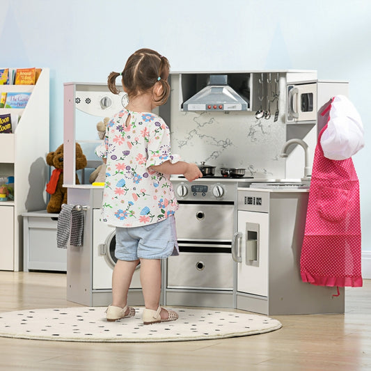 Kids Toy Kitchen With Running Water, Lights, Sounds, Apron and Chef Hat, Water Dispenser, for Ages 3-6 Years, Grey