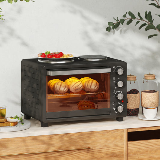 28L Countertop Toaster Mini Oven W/ 2 Hot Plates, Grill, Roast, Bake, Boil, with Timer, Adjustable Temperature, Electric Oven, Black