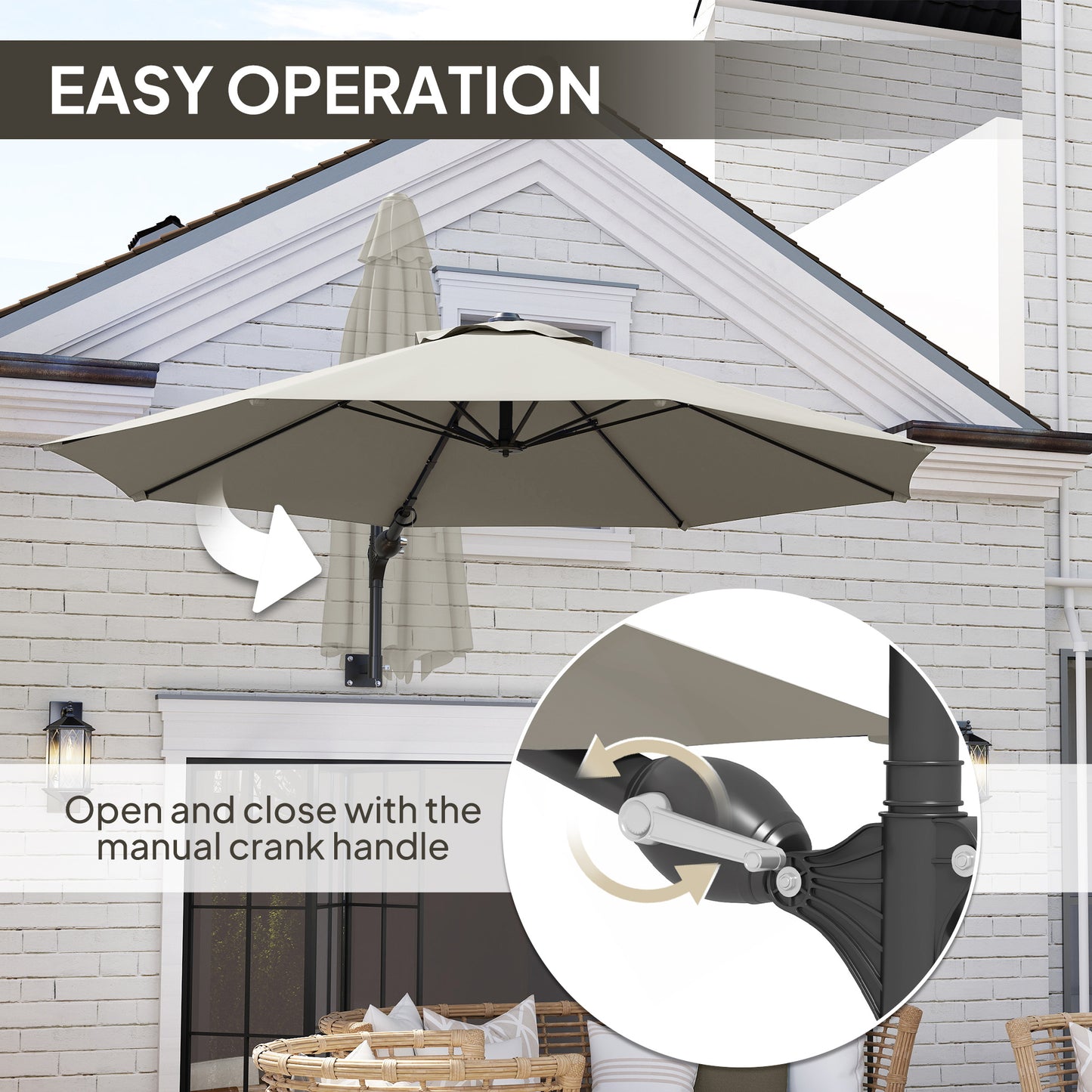 Outsunny 3(m) Wall-Mounted Parasol Shade, with Handle - Light Grey / Khaki / Orange
