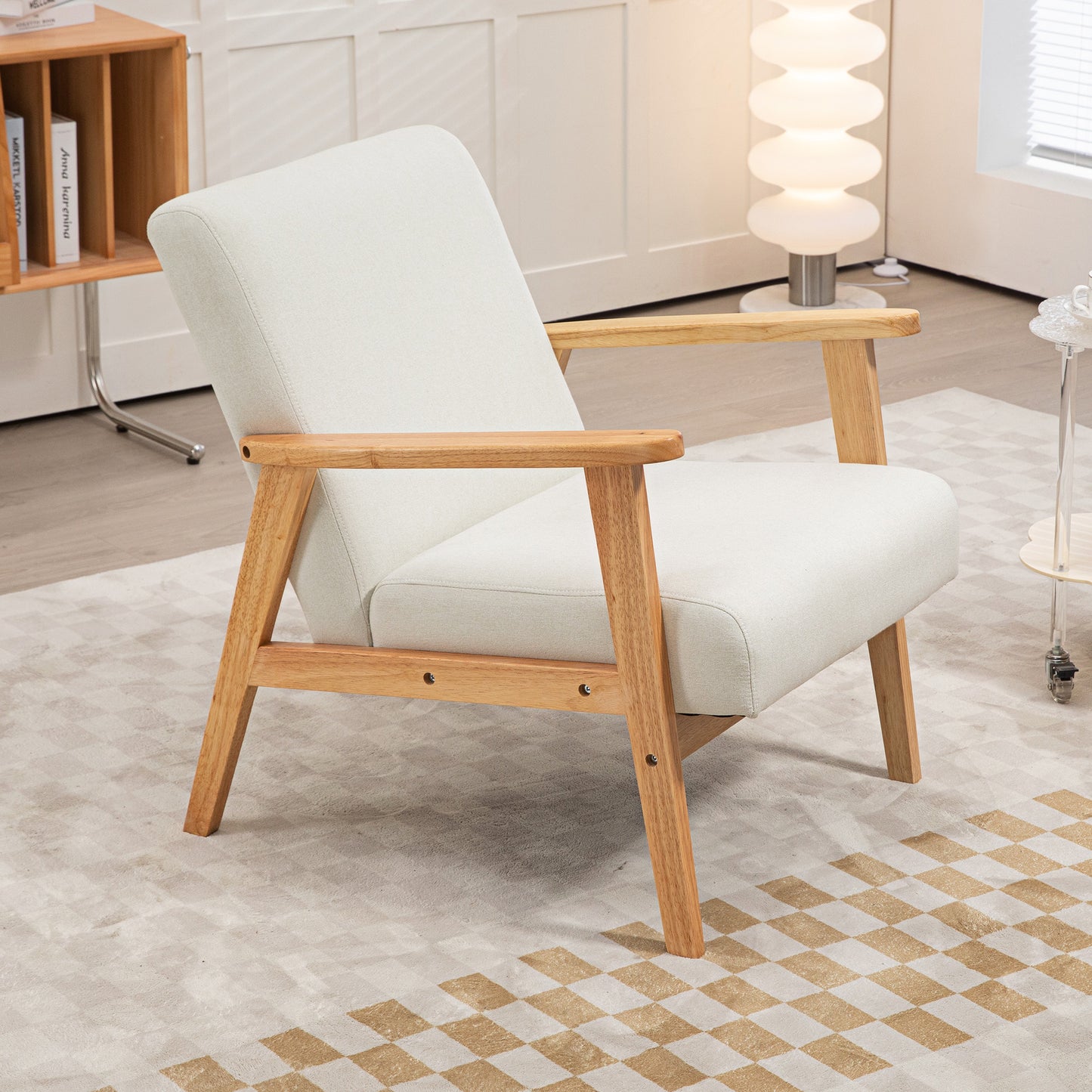Fabric Accent Chair for Living Room, Arm Chair with Rubber Wood Frame and Padded Cushion, Cream White