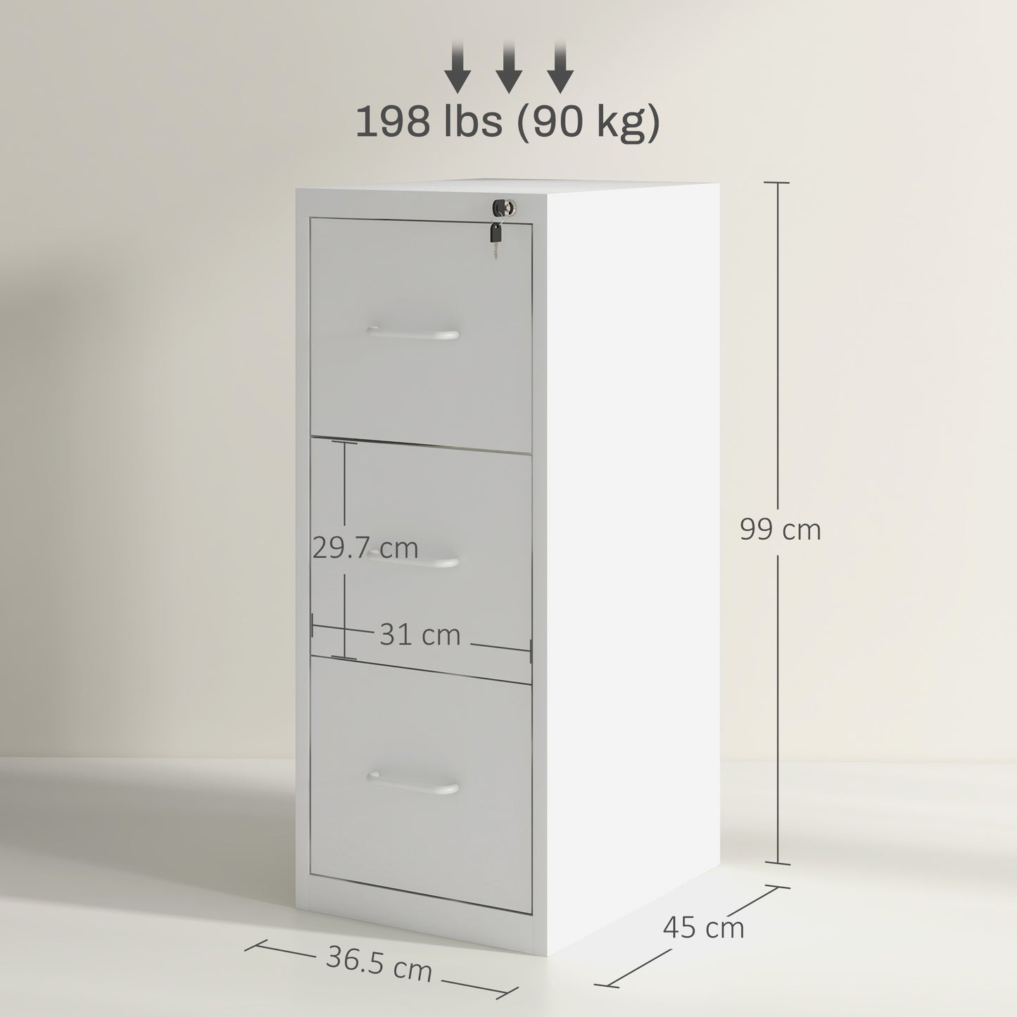 Three-Drawer Modern Steel Filing Cabinet Organiser Storage Unit - White