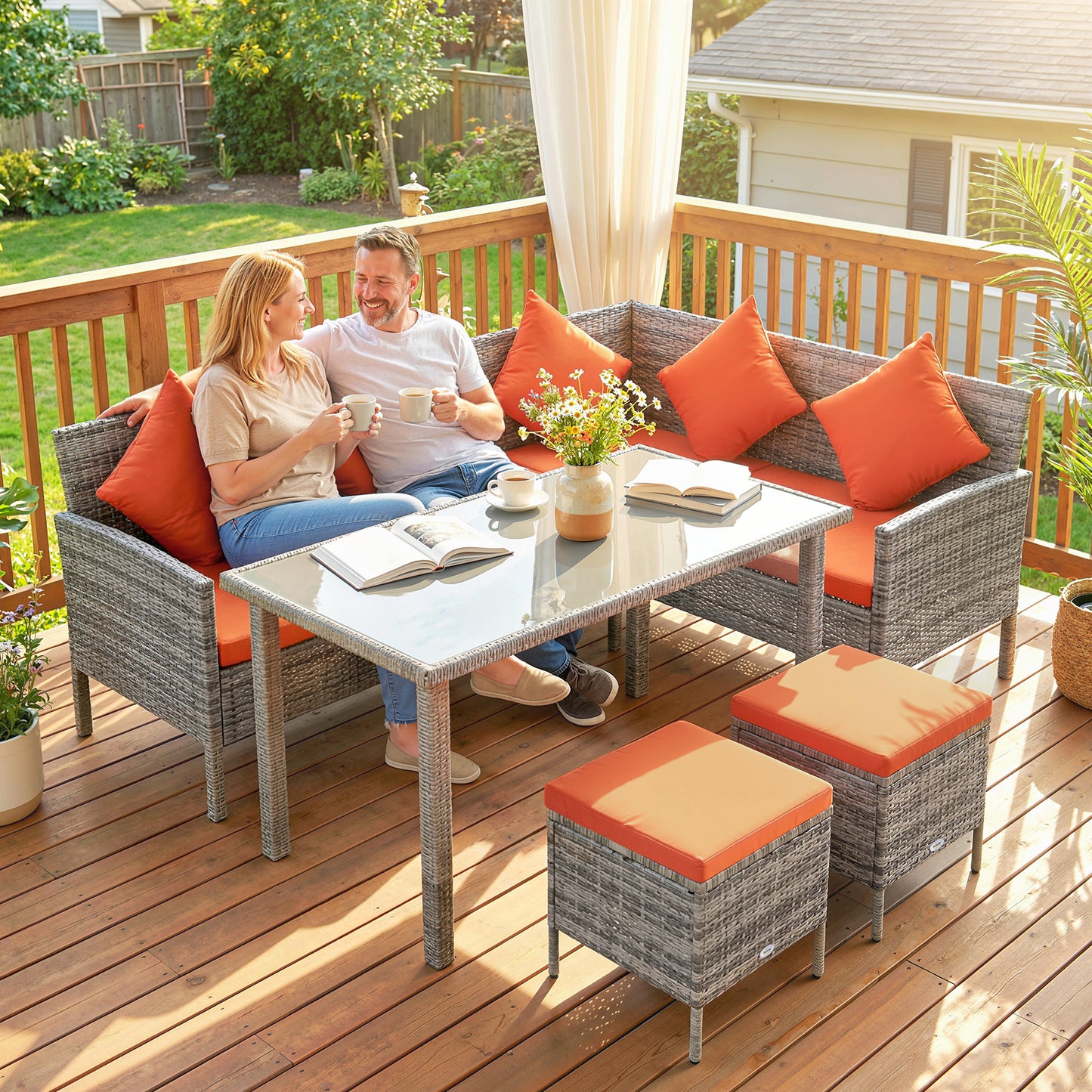 6-Seater Rattan Garden Dining Set | Sofa & Loveseat | 2 Footstools | Glass Table | Zip Cushions | 5 Pillows | 160kg | Orange