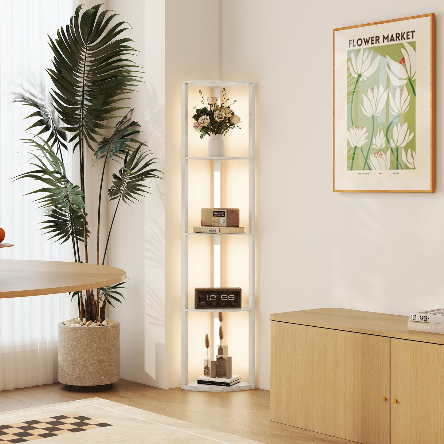 Corner Floor Lamp for Living Room Bedroom with Dimmable Warm White LED Light, Modern Tall Standing Lamp, Oak