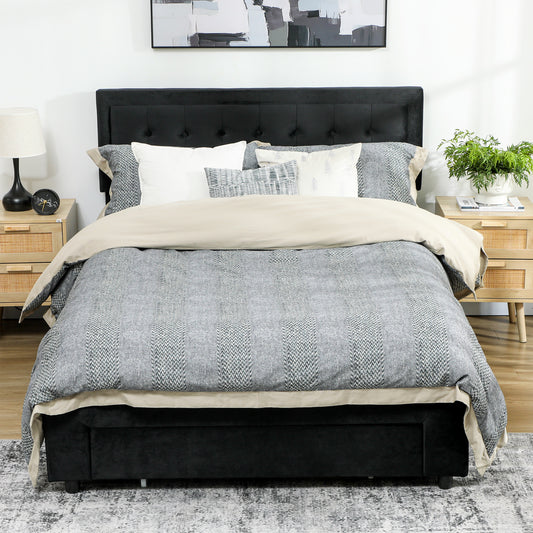 King Size Ottoman Bed Frame, with Front Drawer - Black / Cream White