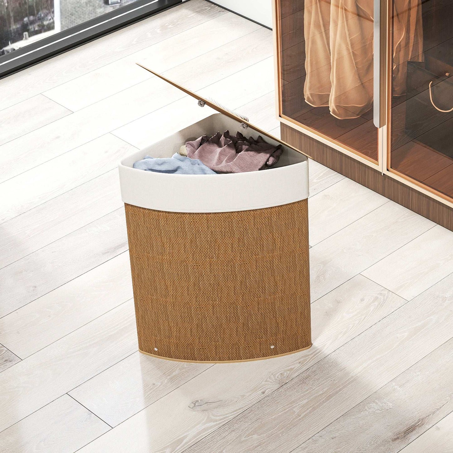 Bamboo Bathroom Triangle Laundry Basket with Lid, 55L Corner Hamper with Removable Washable Liner Bag, 35 x 35 x 60 cm, Brown
