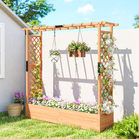 Fir Wood Garden Raised Bed with Double Trellis & Hanging Rails | 171x39cm Planting Bed | 4 Drainage Holes | 10kg Trellis Capacity | 196x44x181cm | Natural Wood Finish