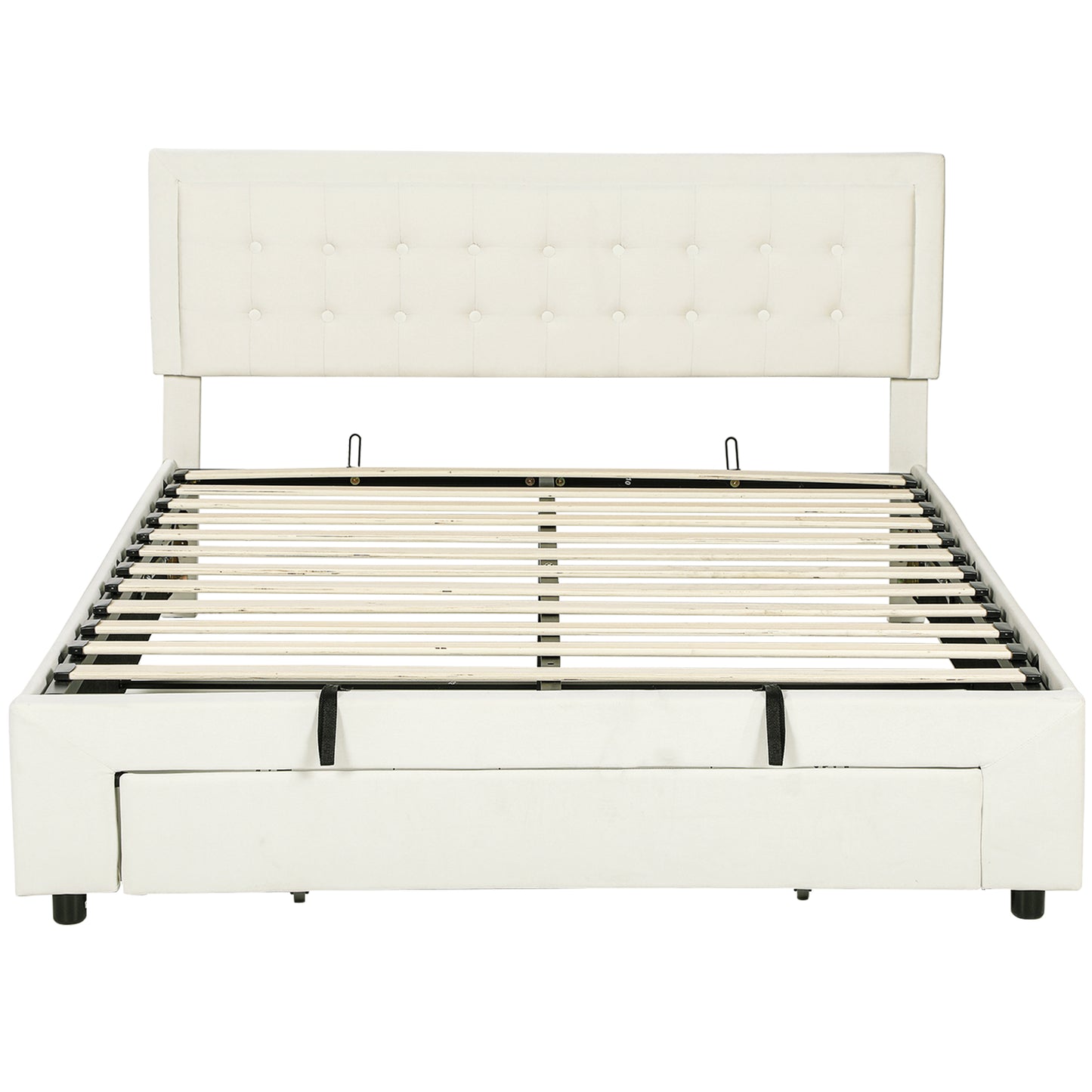King Size Ottoman Bed Frame, with Front Drawer - Black / Cream White