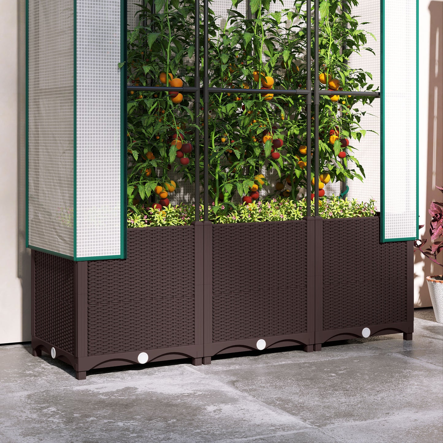 PP Raised Garden Bed with Trellis & PE Greenhouse Cover | Zipped Roll-Up Door | Drainage Holes & Plugs | 75kg | 120x40x140cm | Climbing Plants Veg & Flowers | Brown