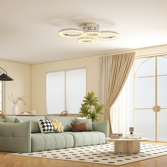 LED Ceiling Light, Modern 4 Rings Ceiling Lamp with Wall Switch Control, 40W 4350lm Flush Mount Ceiling Light with 3500K/4500K/6000K Colour Temperatures, Silver Tone