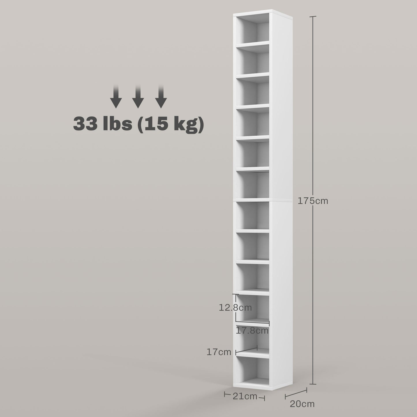 204 CD Storage Unit, DVD Storage Tower with 12 Cubes, 175cm Tall Bookcase for Living Room, Home Office, Study Room, White