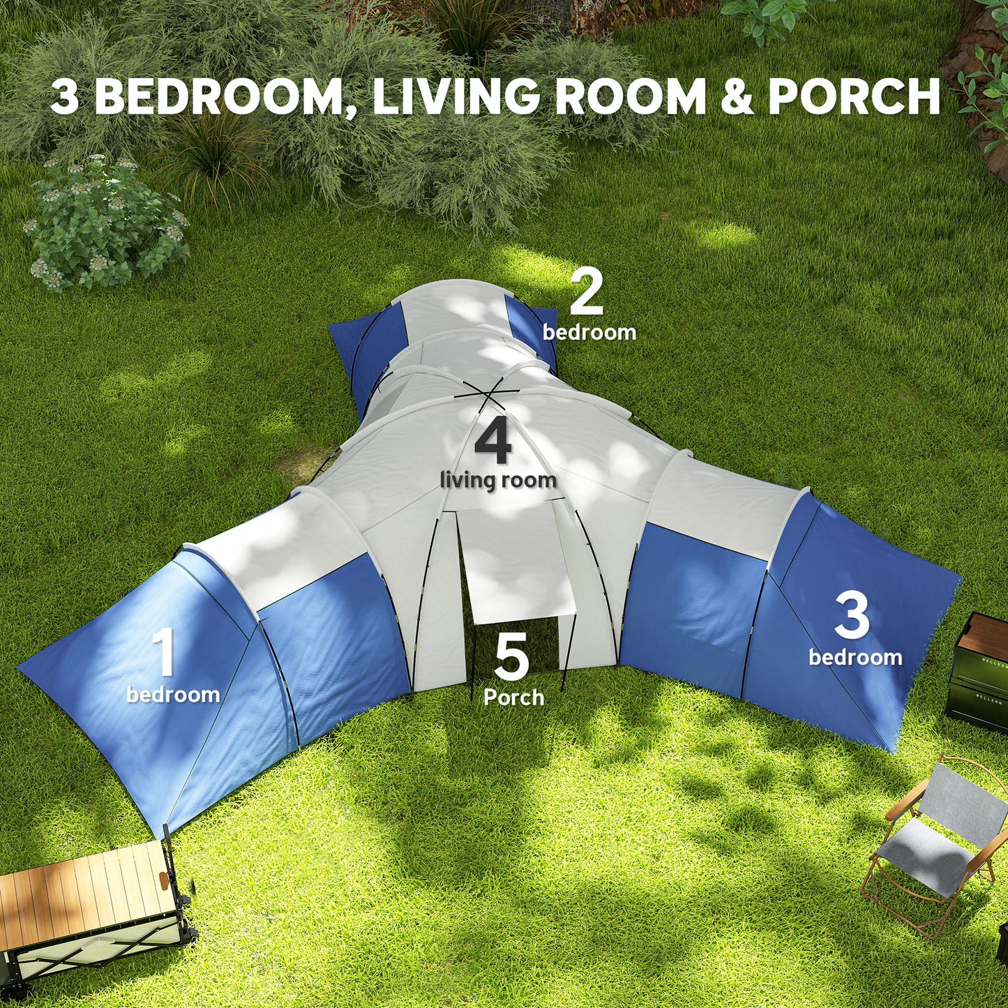 Outsunny 6-9 Man Tent with Bedrooms and Living Room, Accessories Included, Blue