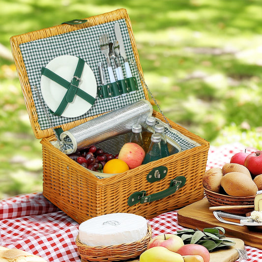 Wicker Picnic Basket for 2 Person with Cooler Compartment, Picnic Hamper with Cutlery Service Kits and Carry Handle for Camping, Outdoors