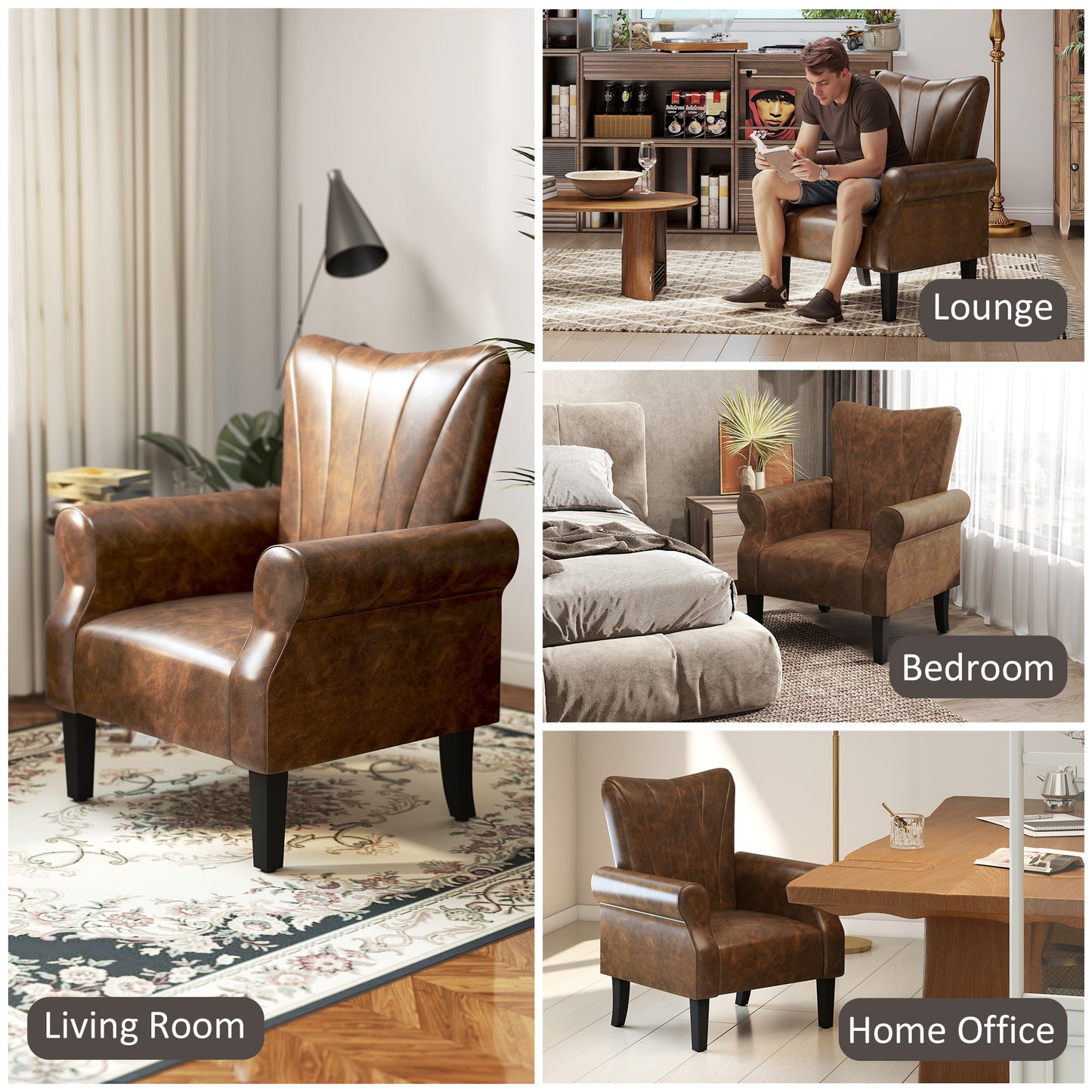 Upholstered Accent Chair with Rolled Arms and Wood Legs, Armchair for Living Room Bedroom, Brown