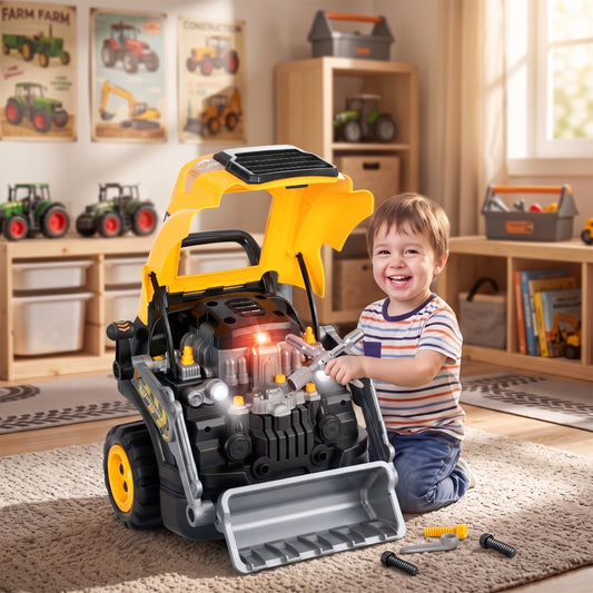 Kids Excavator Engine Toy | Yellow Pretend Play Mechanic Workshop with 63 Parts & 4 Tools