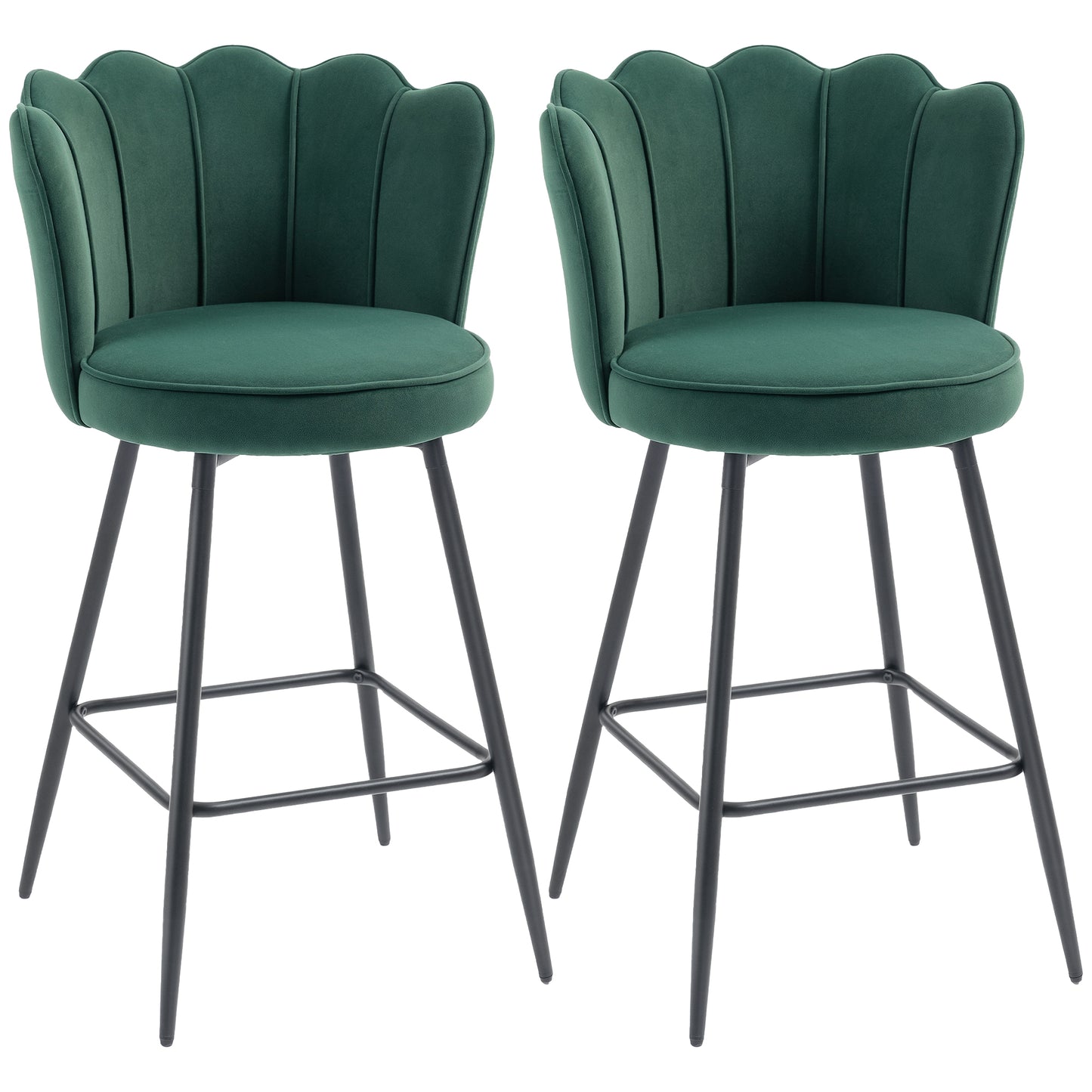 Set of Two Velvet-Feel Lotus Bar Stools - Dark Green / Grey