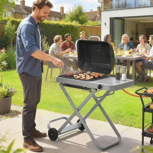 Foldable Suitcase Gas BBQ Grill | 2.5kW | 1800cm² | Wheeled | Side Table | Thermometer | Grease Tray | LPG/Propane | 109x55x89cm | Black