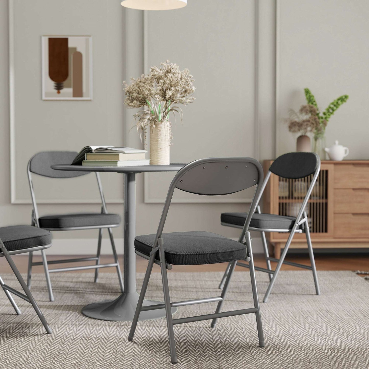 Set of 4 Folding Corduroy Chairs | High Back | Padded Seat & Back | Steel Frame | 120kg | No Assembly | Dark Grey