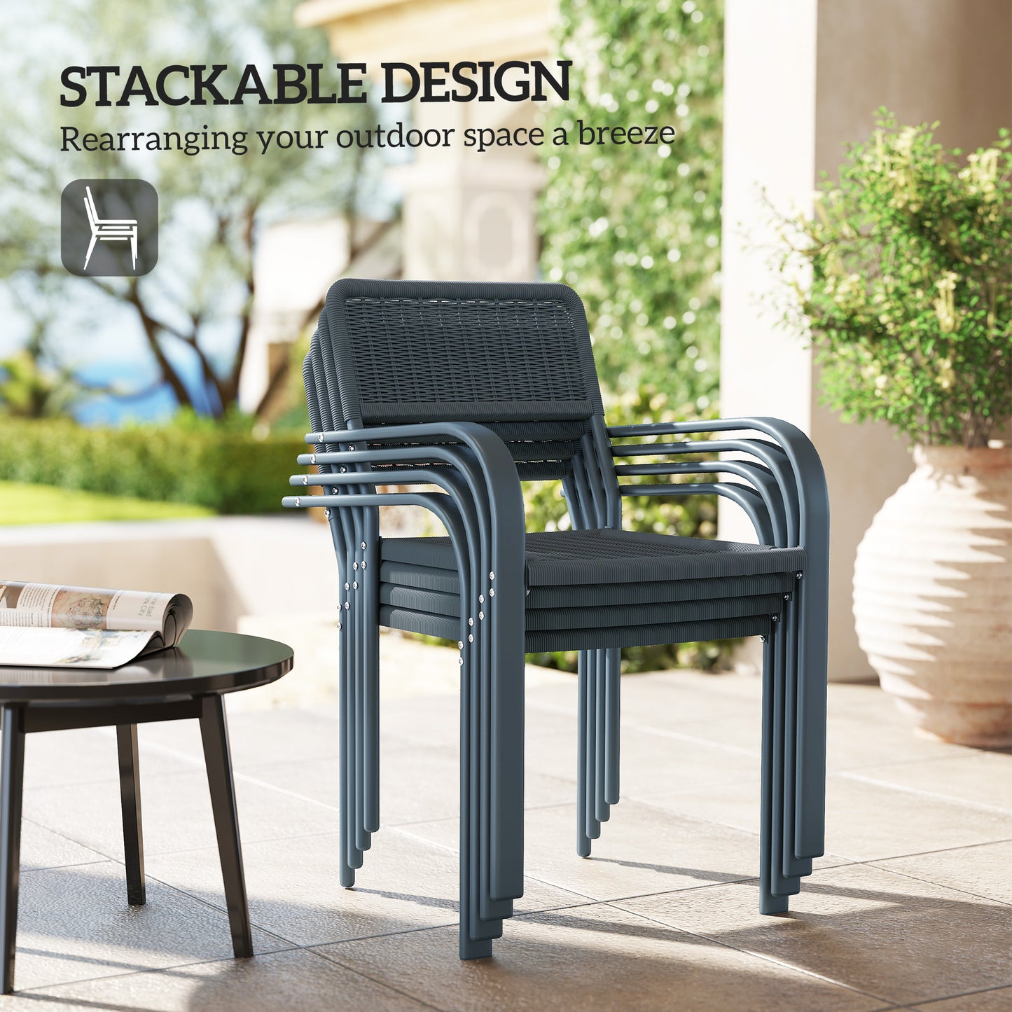 Garden Chairs Set of 4, Stackable Rattan Effect Dining Chairs with Armrest, Weather Resistant and Lightweight for Patio, Balcony, Terrace, Dark Grey