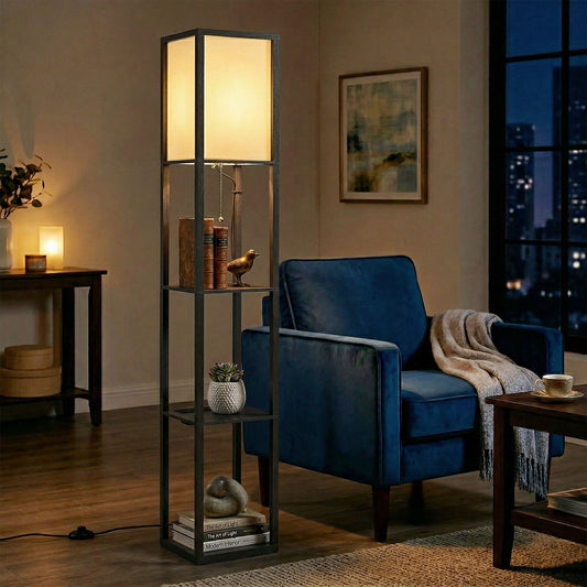 Floor Lamp with 3 Shelves | Column Design | MDF | E27 LED Included | Foot Switch | 160cm | 2.5kg per Tier | Black