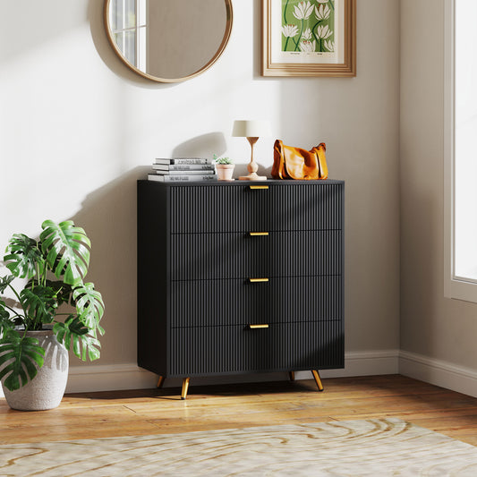 Bedroom Chest of Drawers with 4 Drawers, Fluted Dresser with Gold Tone Handles, Storage Cabinet for Bedroom, Living Room, Hallway, Entryway, Black
